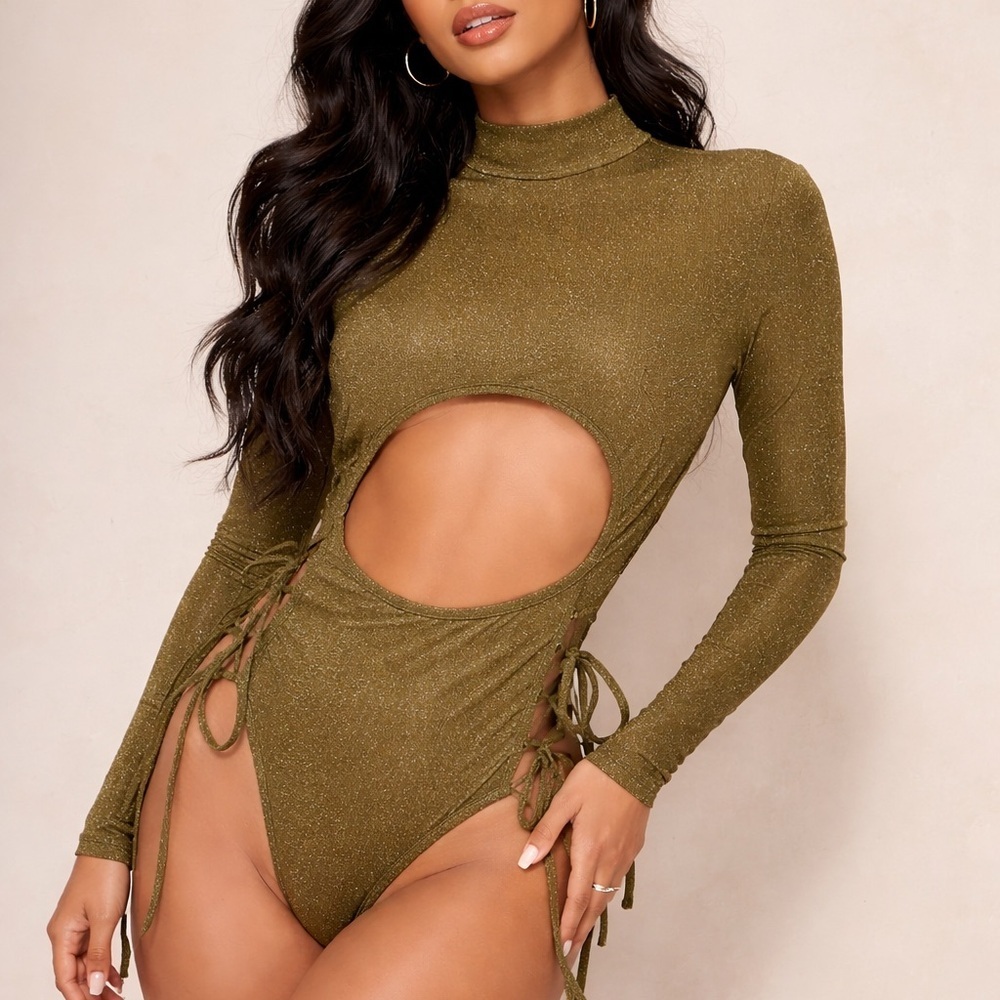 Savage X Fenty Shimmer metallic Cutout Lace-Up Bodysuit Olive Green L NWT - Picture 1 of 5